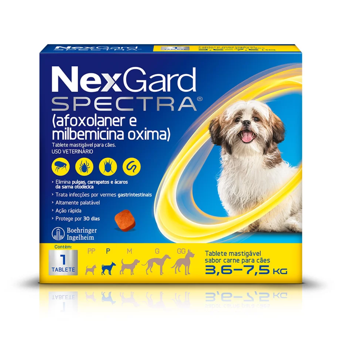 NexGard Spectra Antipulgas, Carrapatos e Vermifugo para Cães de 3,6 a 7,5 Kg