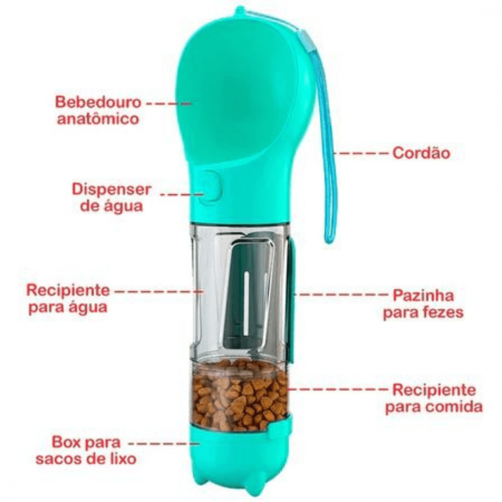 Garrafa 3 em 1 para Ração e Agua com Sacos e Pazinha